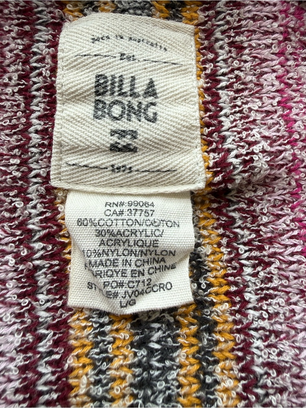 Billabong Baja Hoodie Multicolor Striped Pullover Boho Size L - Picture 3 of 7
